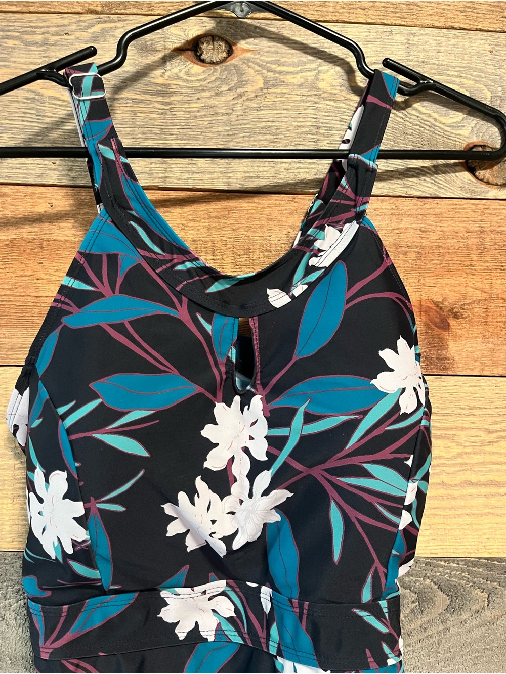 Women’s Black Floral Swimsuit Top with built in bra and keyhole top